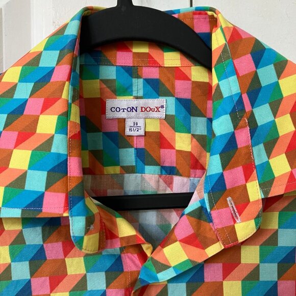 Coton Doux Button Up Mens 39 15 1/2 3D Cube Print Pattern Shirt - Picture 2 of 8